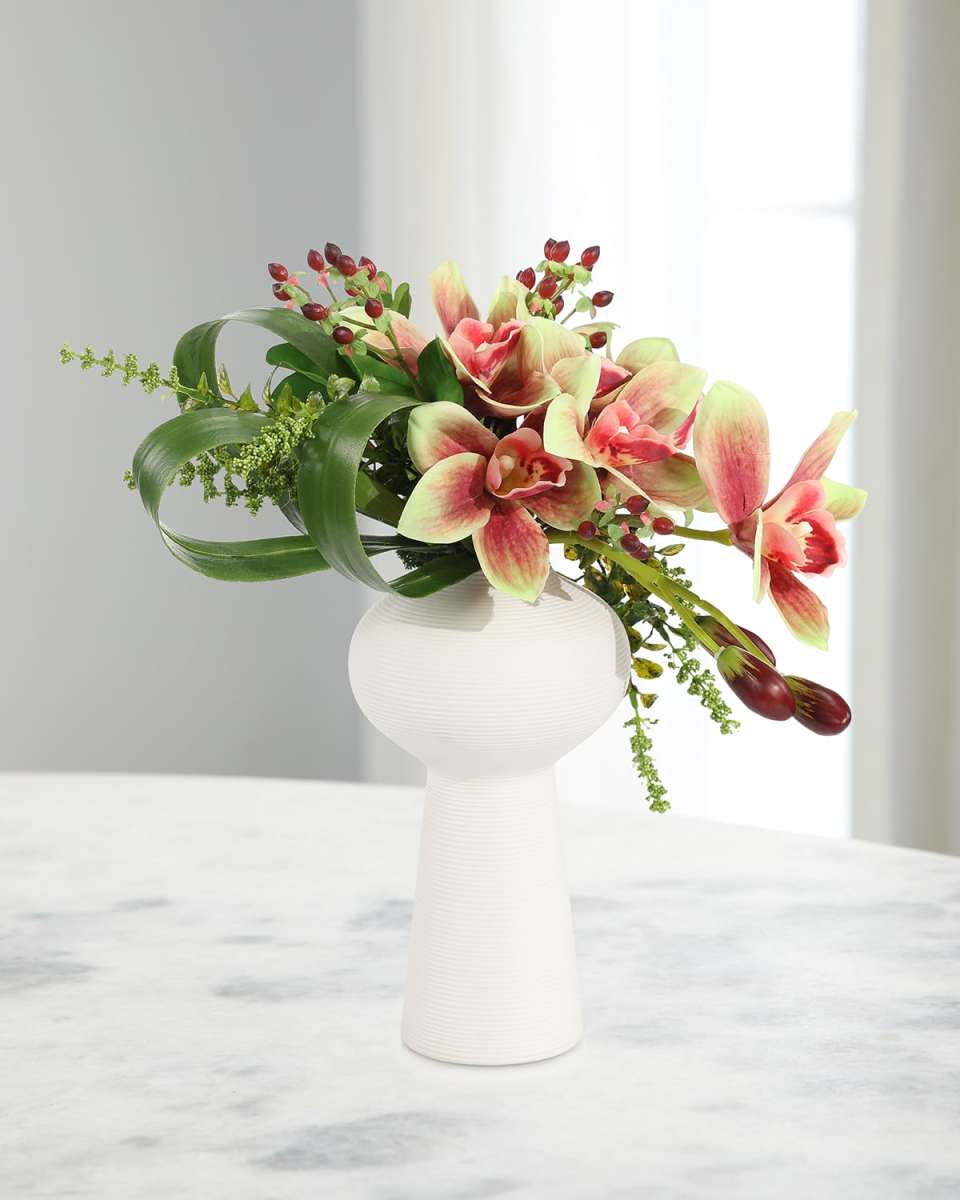 Tropical Cymbidiums 17" Faux Floral Arrangement in Ceramic Container
